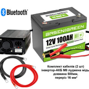 Акумулятор LiFePO4 12,6В 100AH Basen Green із зарядним пристроєм 10A та комплектом кабелів в подарунок